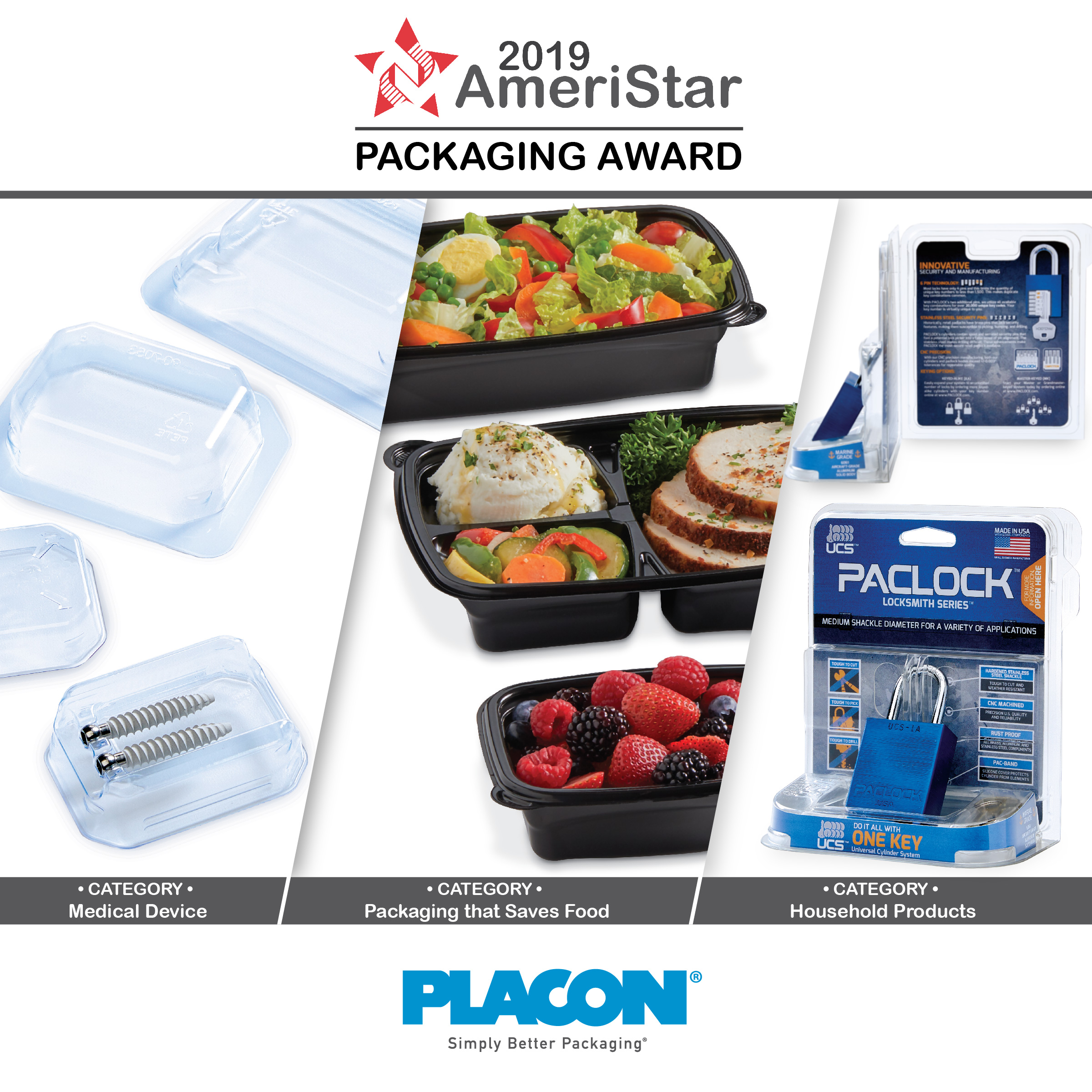 2019 AmeriStar Packaging Award graphic featuring Placon products in medical device, food-saving packaging, and household products categories