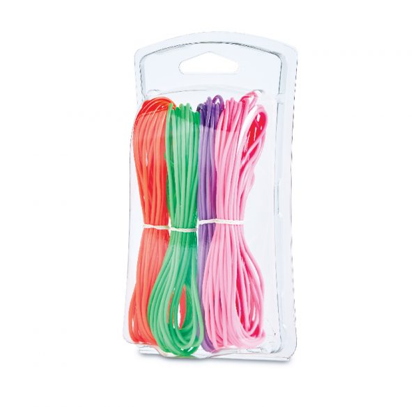 Packaged set of red, green, purple, and pink cords