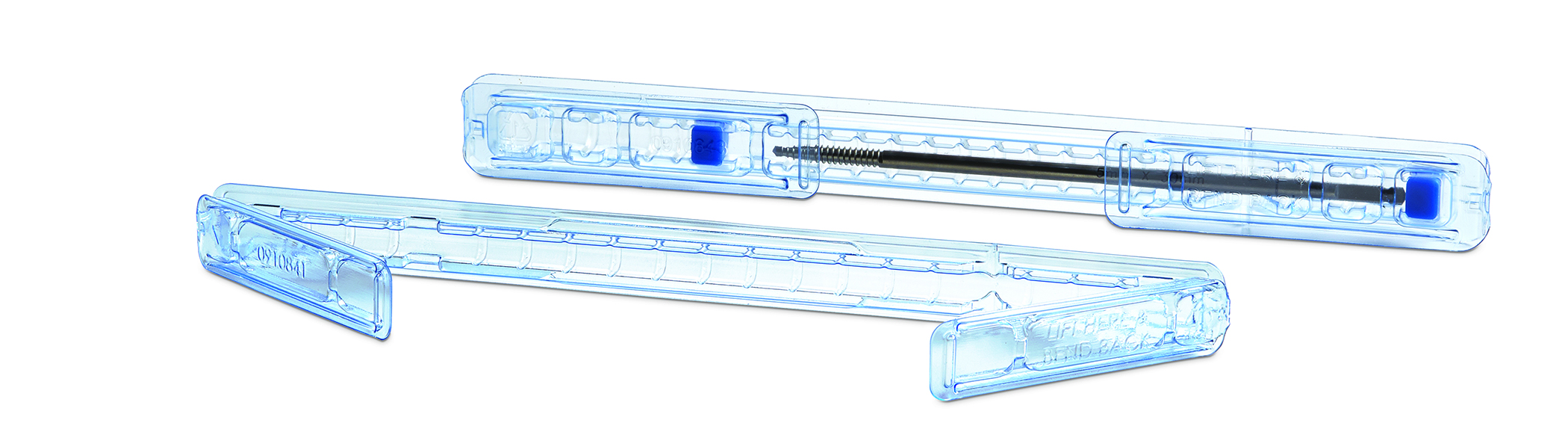 Two transparent blue-tinted plastic pen-shaped devices, one showing an internal spring and blue end cap