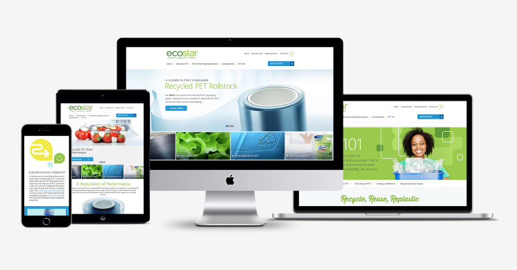 Ecostar website displayed across a smartphone, tablet, desktop monitor, and laptop