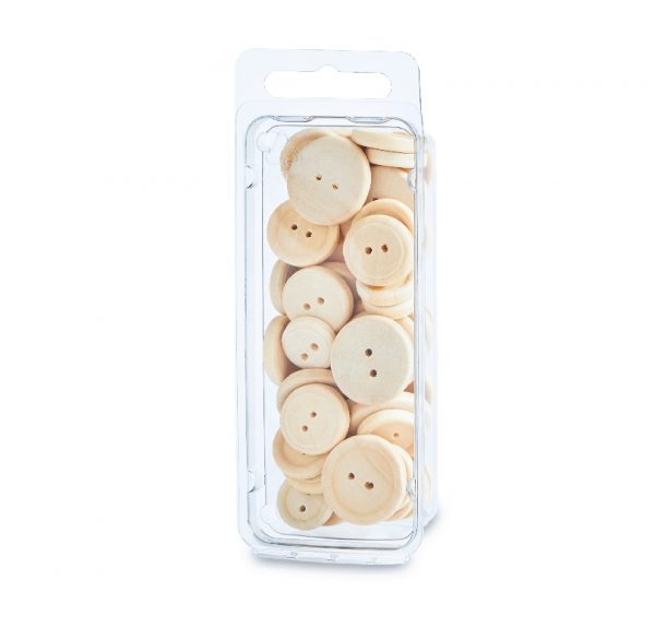 Pack of assorted natural wood buttons in clear plastic packaging