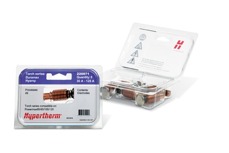 Hypertherm Hyamp torch consumables in labeled packaging, including electrodes and nozzles