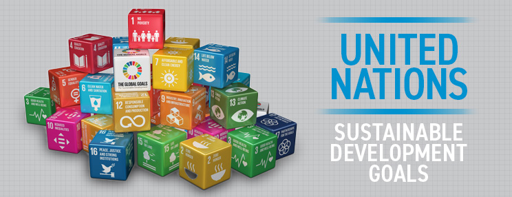 United Nations Sustainable Development Goals represented by colorful boxes for the 17 goals