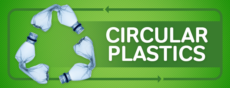 Circular plastics: plastic bottles arranged in a circular loop with arrows