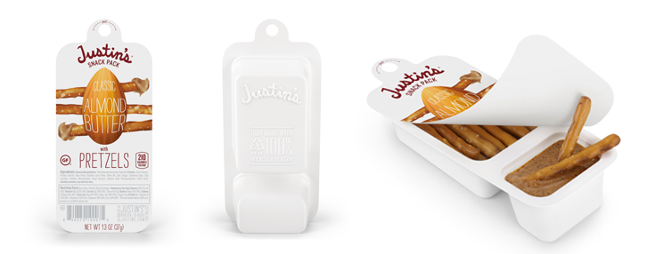 Justin's almond butter with pretzels snack pack shown from front, back, and open