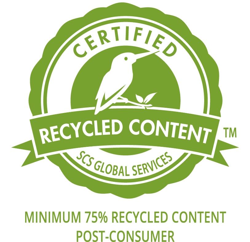 SCS Global Services certified recycled content; minimum 75% post-consumer recycled content