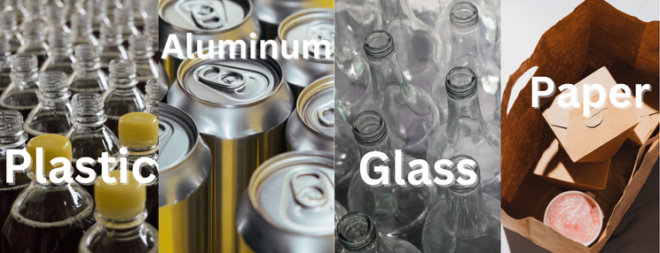 Plastic, aluminum, glass, and paper packaging materials