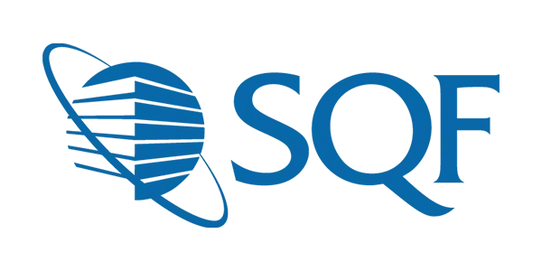 Blue geometric logo with a horizontal bar and tapered shape below