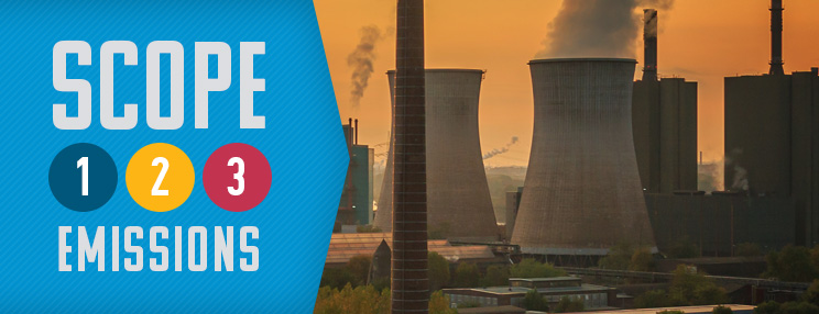 Scope 1, 2, and 3 emissions shown over an industrial power plant
