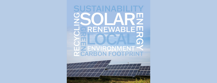 Solar panels beneath a sustainability word cloud featuring “solar,” “renewable energy,” “local,” “environment,” and “carbon footprint.”