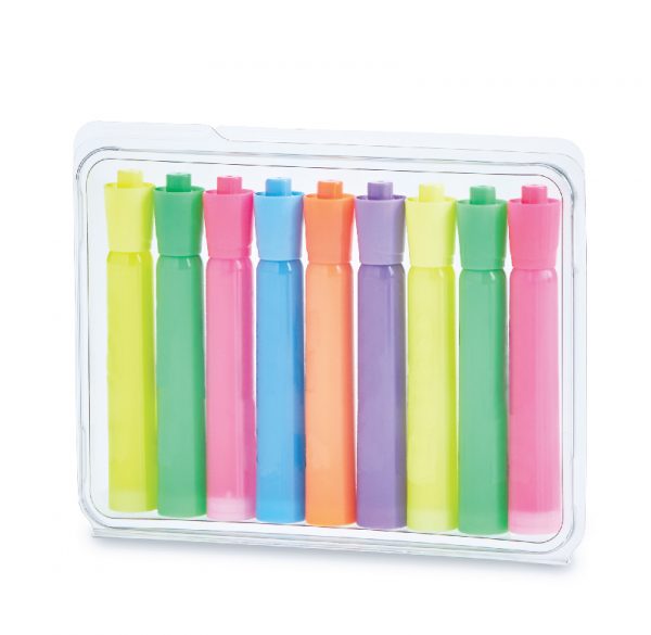 Set of nine colorful highlighter markers in clear plastic packaging