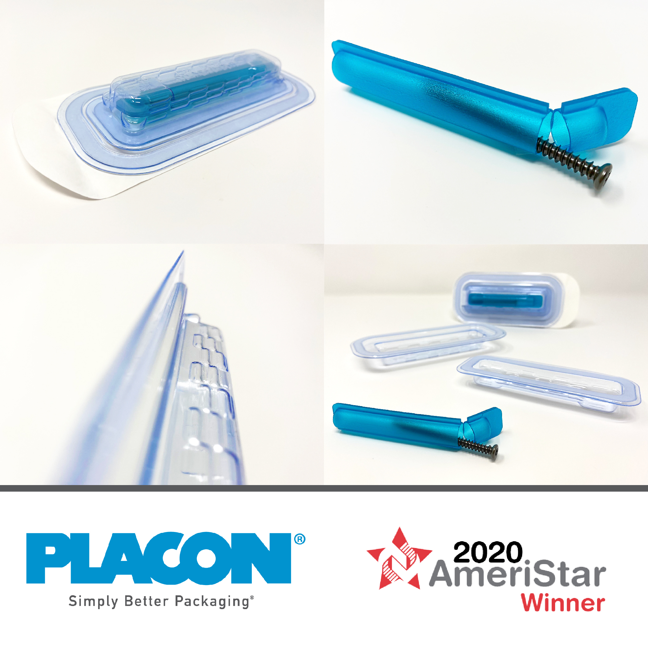 Collage of a blue plastic package closure shown in blister packaging, assembled and disassembled, with a 2020 AmeriStar Winner award