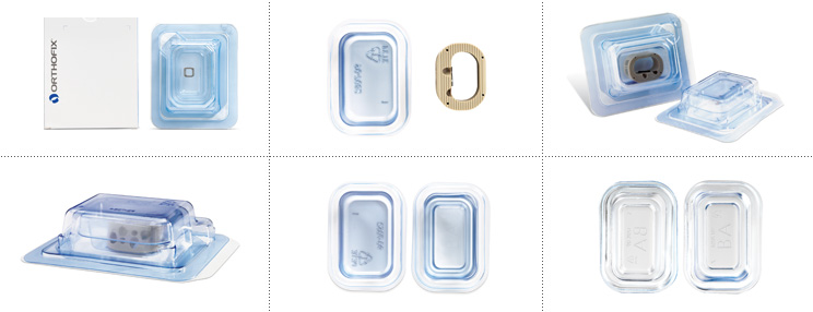 Collage showing six views of a blue-and-clear rectangular medical device, its packaging, and components