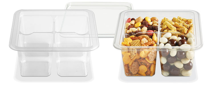 Clear divided food storage container shown empty and filled with assorted snacks