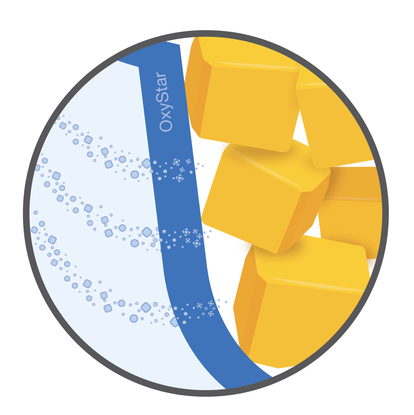 Stylized illustration of an oxygen atom, with “OxyStar” labeled on a blue band amid yellow molecular structures