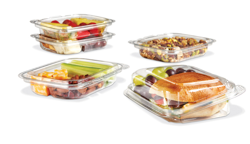Glass food storage containers filled with fruit, salad, granola, and a sandwich