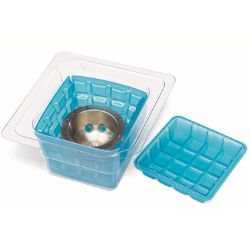 Blue plastic container with a removable grid lid and stainless steel bowl inside