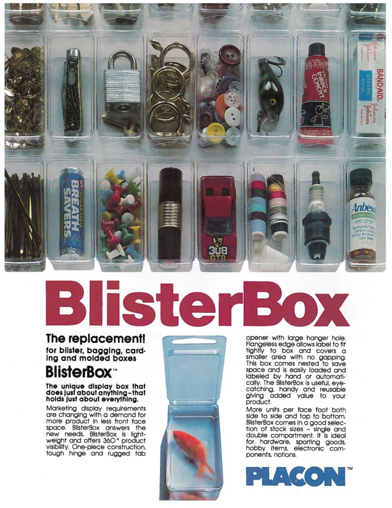 Advertisement for Placon BlisterBox reusable clear display boxes holding assorted small products