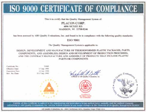 ISO 9000 Certificate of Compliance certifying PLACON CORP.’s ISO 9001 quality management system for thermoformed plastic products