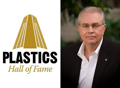 Plastics Hall of Fame logo beside a portrait of a man wearing glasses and a suit