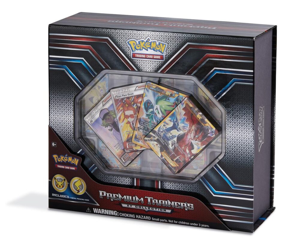 Pokémon Trading Card Game Premium Trainer’s XY Collection box with five cards and a metal Pikachu coin
