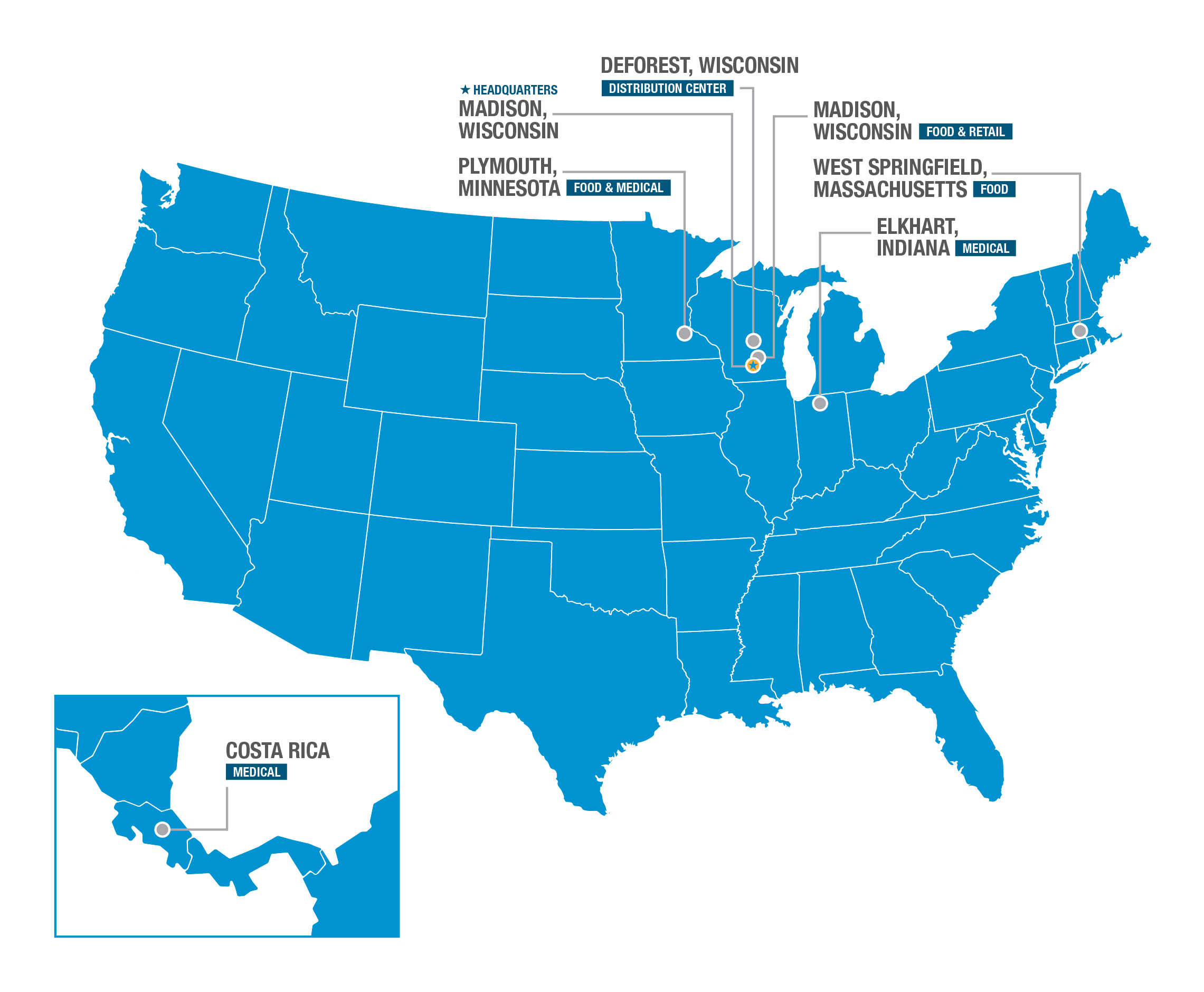 Map of company facilities in the U.S. and Costa Rica, including headquarters, distribution, food, retail, and medical sites