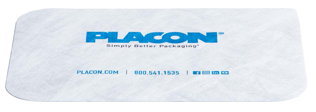 White Placon packaging pad displaying the PLACON logo, “Simply Better Packaging,” website, phone number, and social media icons