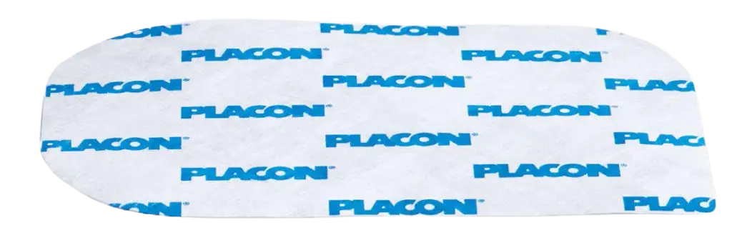 White oval sheet printed with blue PLACON logos