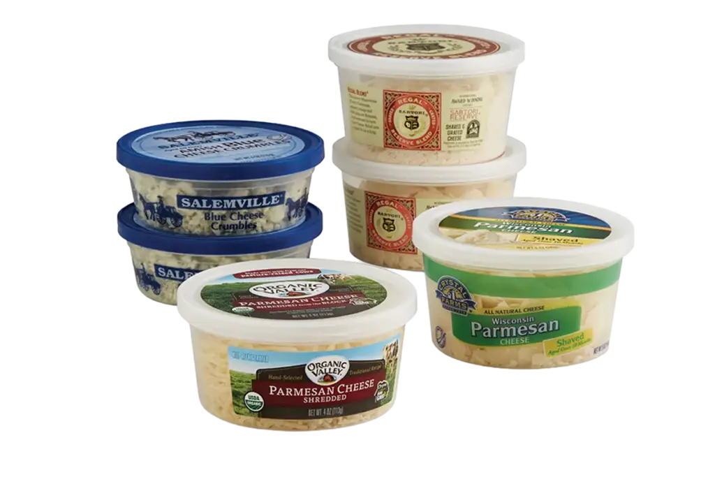 Assorted tubs of blue cheese crumbles, Parmesan cheese, and shredded or shaved cheese