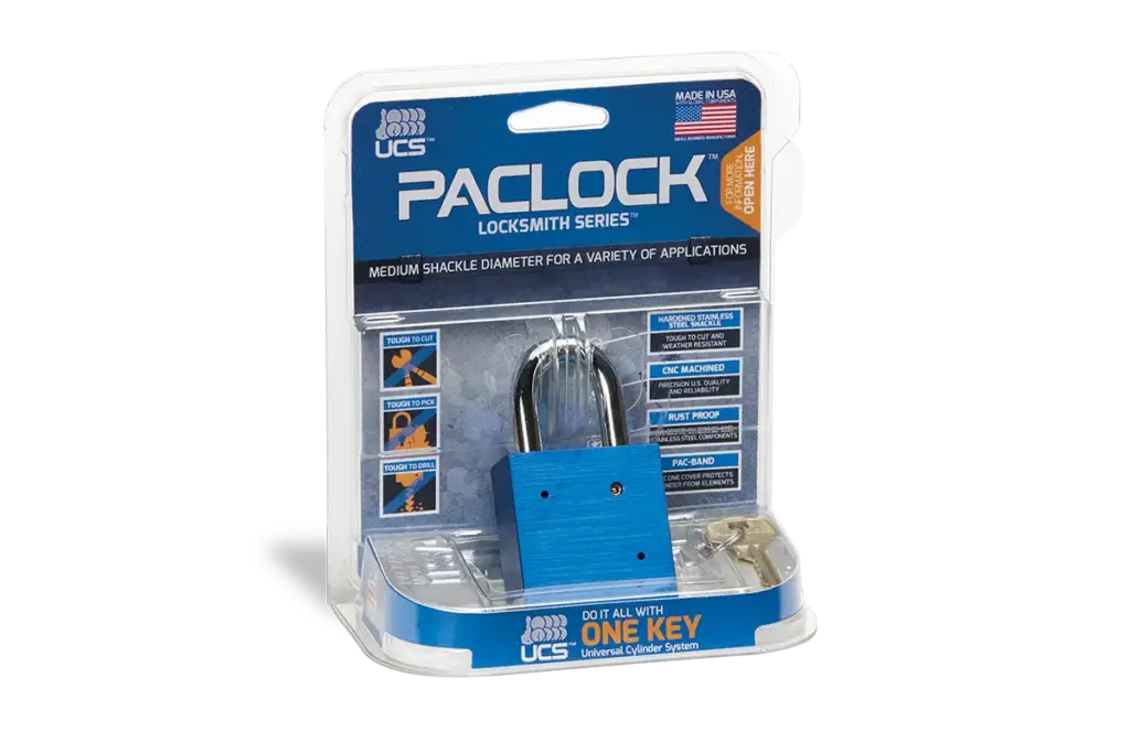 UCS Paclock Locksmith Series padlock with a blue lock body and keys in retail packaging