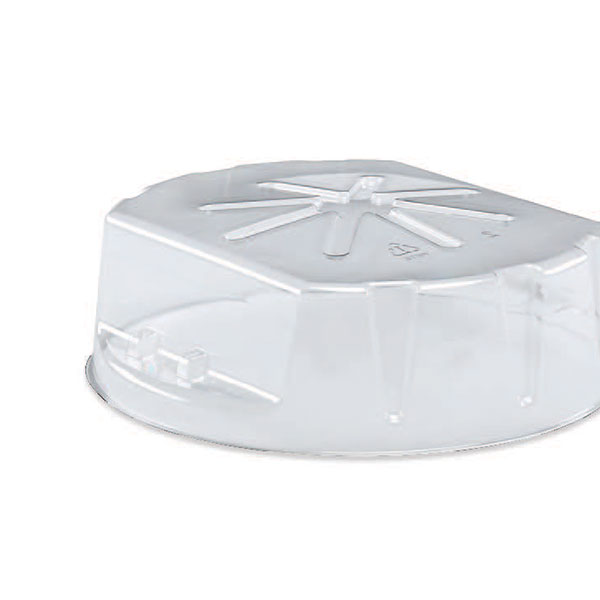 Clear round plastic food cover with a raised center handle and radial ventilation slots