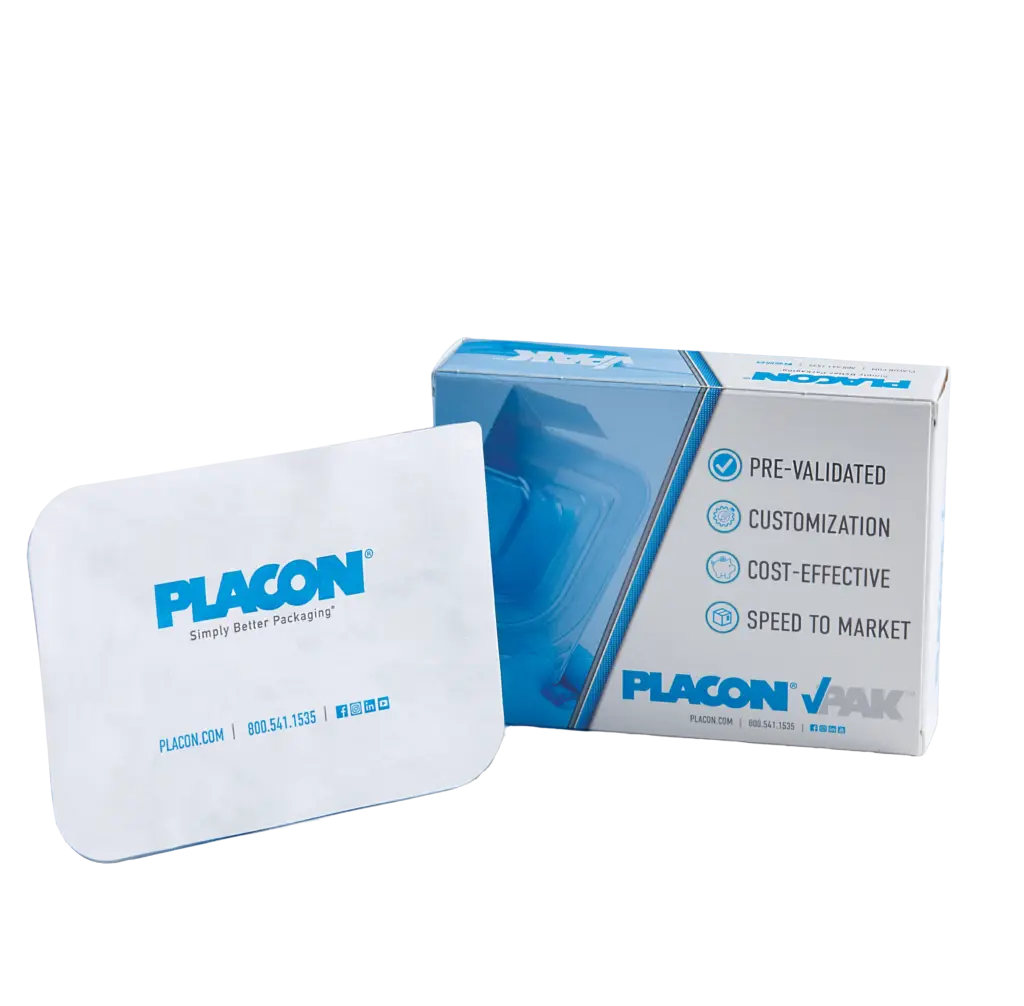 Placon packaging boxes featuring Placon VAK and benefits including pre-validated, customization, cost-effectiveness, and speed to market