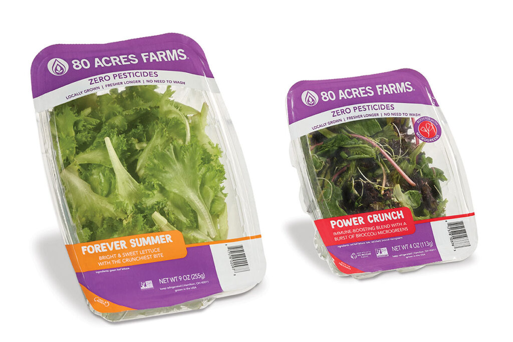 Two 80 Acres Farms salad packages: Forever Summer lettuce and Power Crunch microgreens