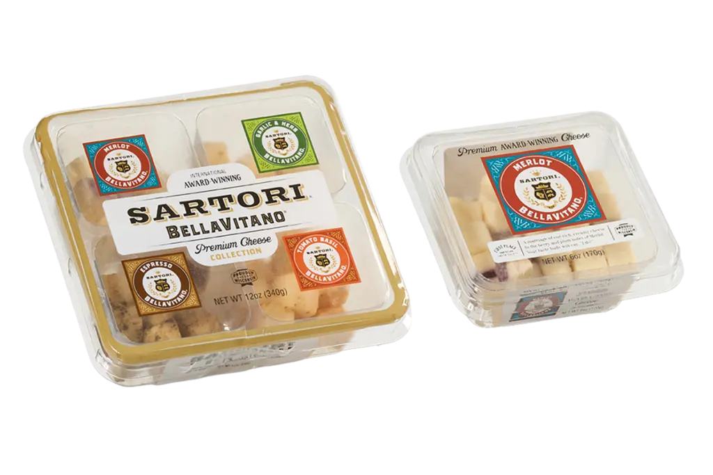 Two packages of Sartori Bellavitano cheese, including a four-flavor collection and a Merlot cheese snack pack