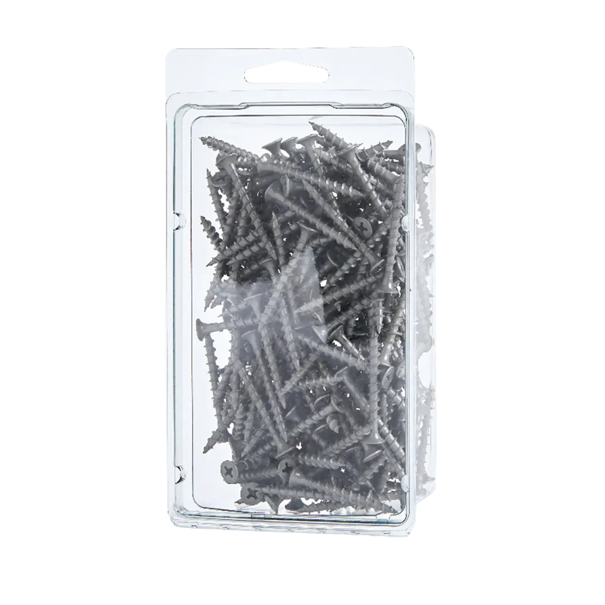 Box of assorted screws in clear packaging