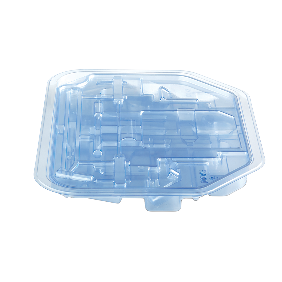 Blue translucent plastic organizer tray with multiple molded compartments and a fitted lid