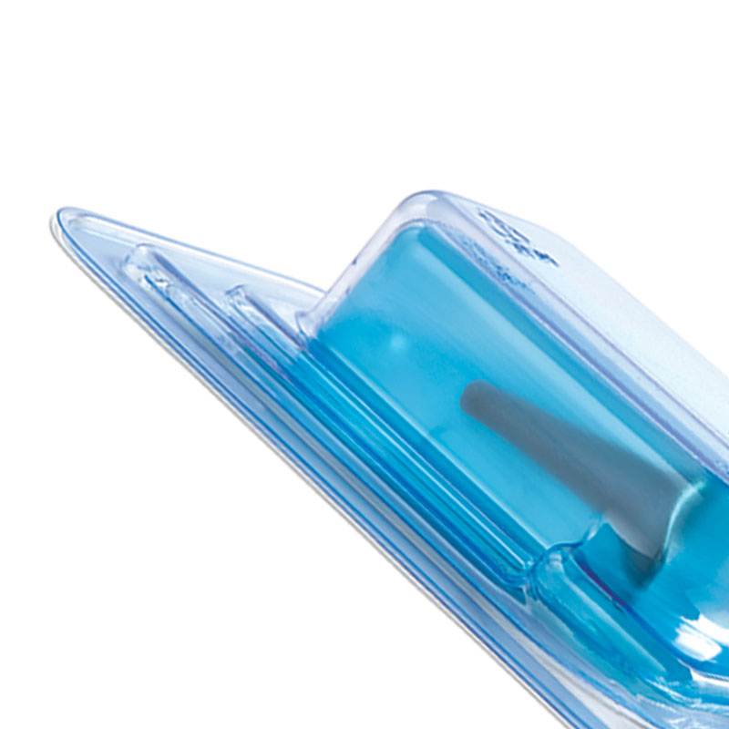 Translucent blue plastic object with ridged edges and a dark inner component